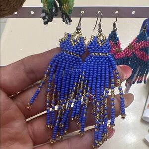Blue and Gold Beaded Fringe Earrings